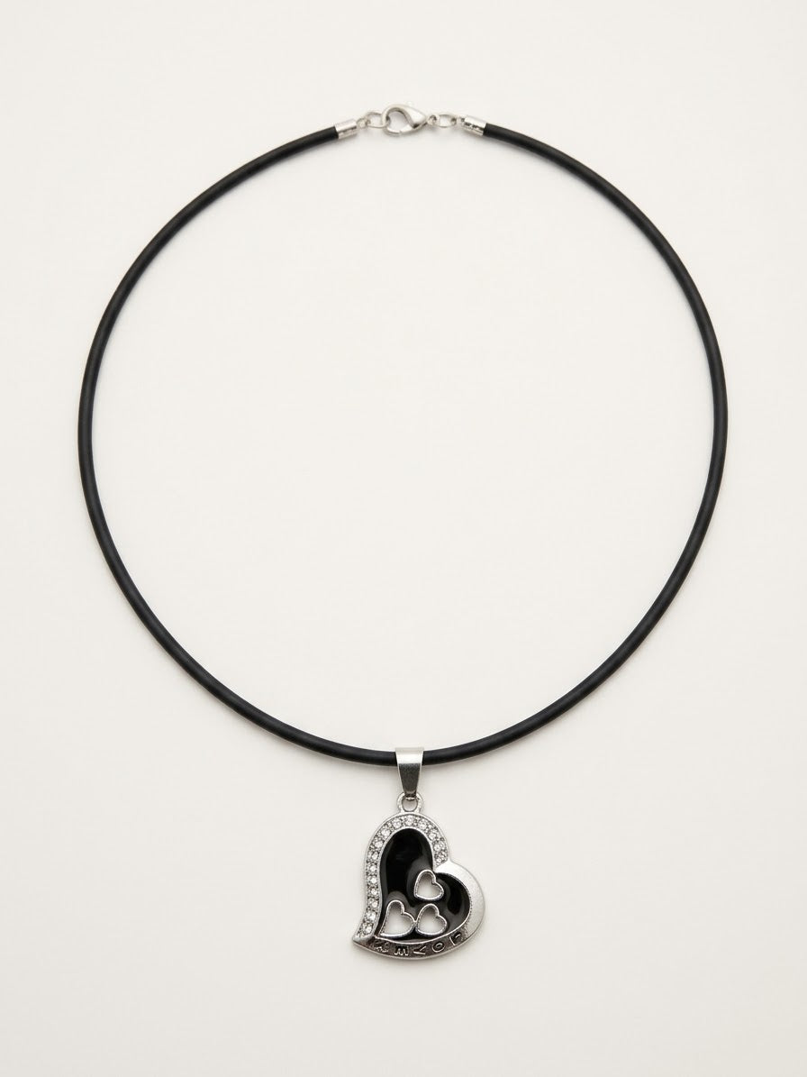 Elegant Black Enamel Heart Pendant Necklace with Crystal Rhinestones