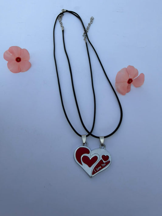 "I Love You" Red Enamel Heart Pendant Necklace with Double Cord Layering