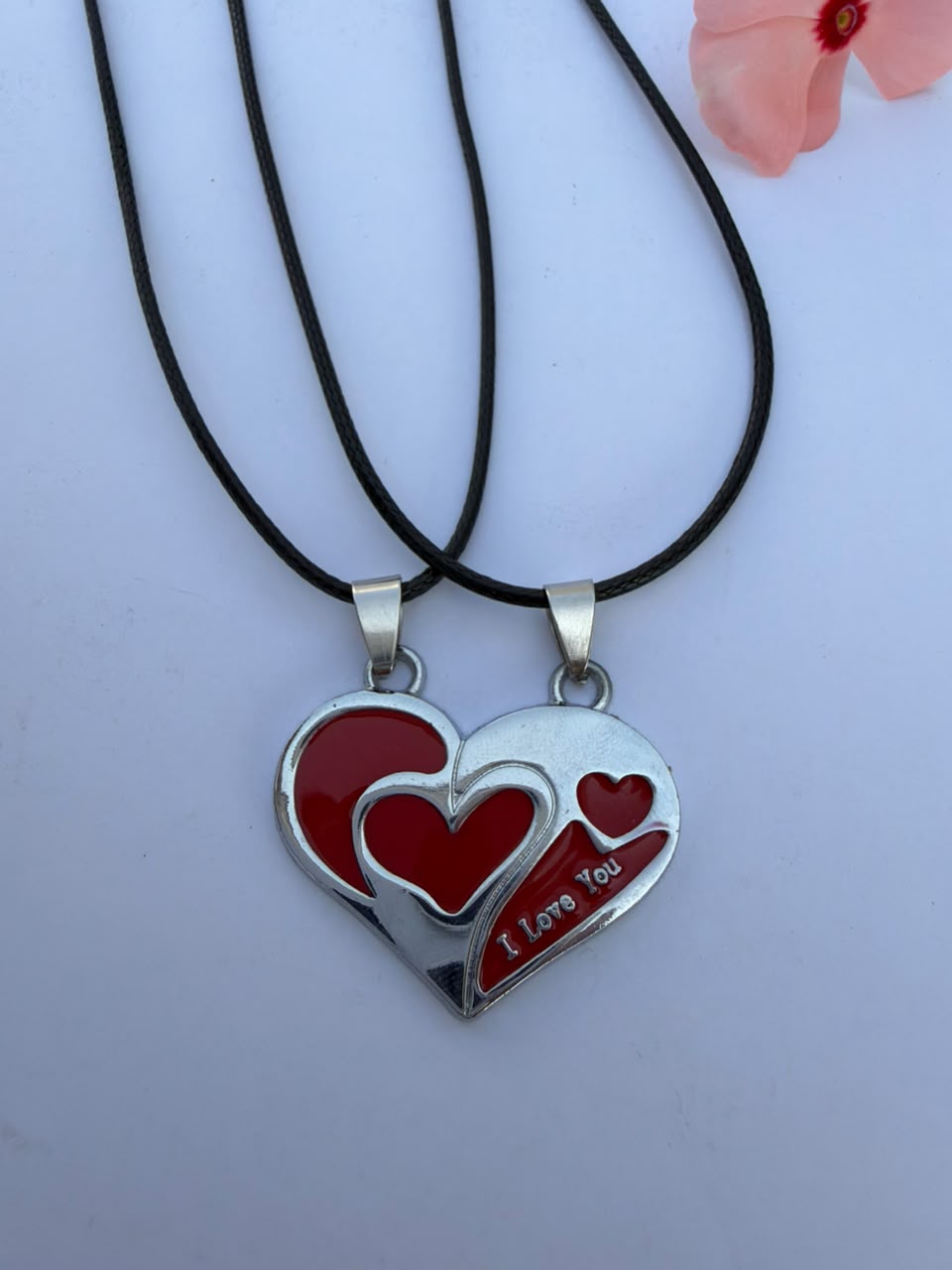 "I Love You" Red Enamel Heart Pendant Necklace with Double Cord Layering