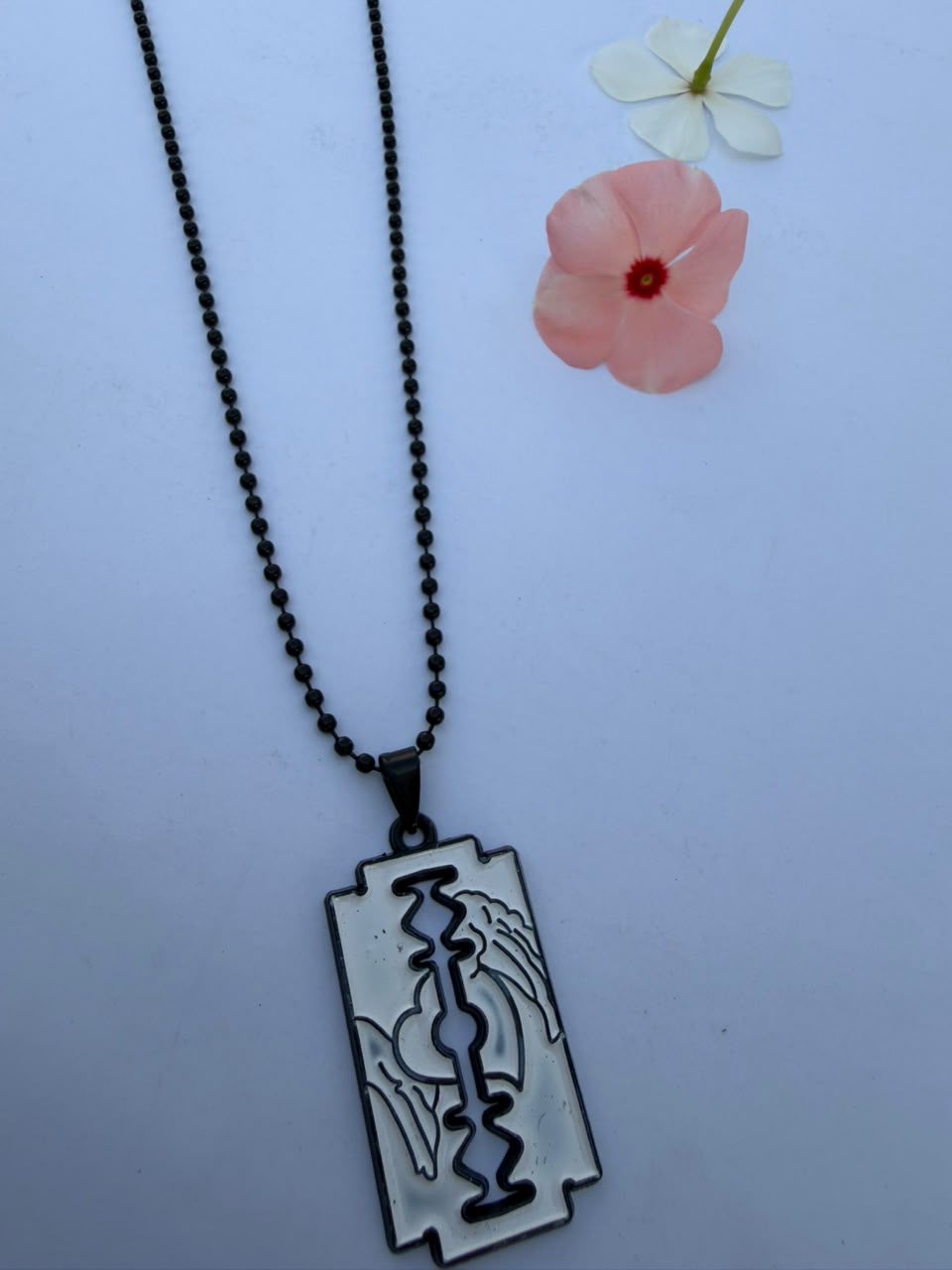 Gothic Silver & White Razor Blade Pendant Necklace with Black Ball Chain
