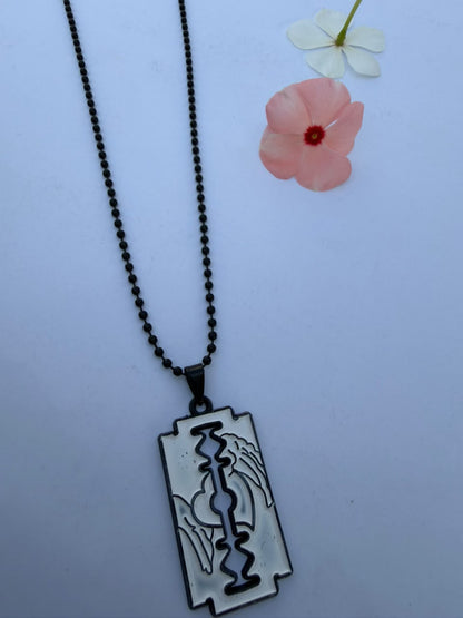 Gothic Silver & White Razor Blade Pendant Necklace with Black Ball Chain