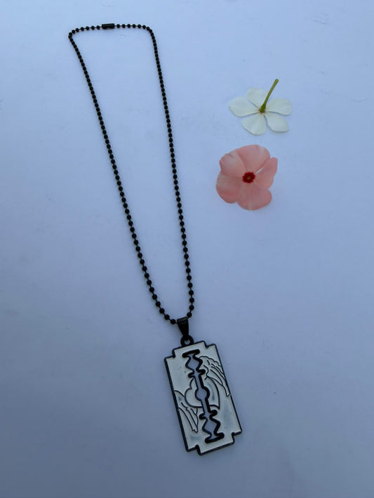 Gothic Silver & White Razor Blade Pendant Necklace with Black Ball Chain