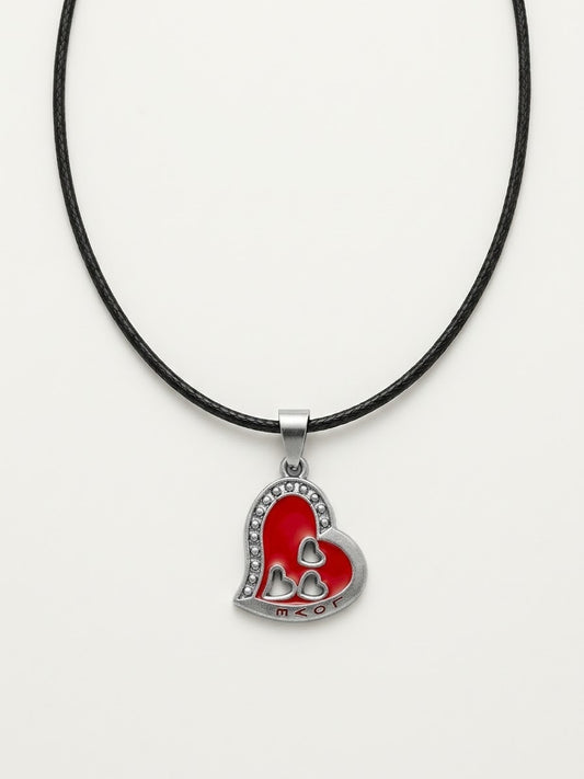 Charming Red Enamel Heart Pendant Necklace with Beaded Border & Cord