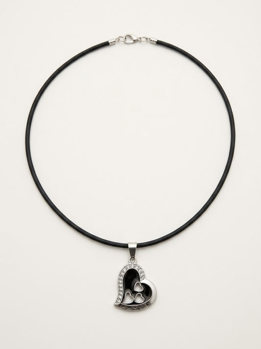 Elegant Black Enamel Heart Pendant Necklace with Crystal Rhinestones