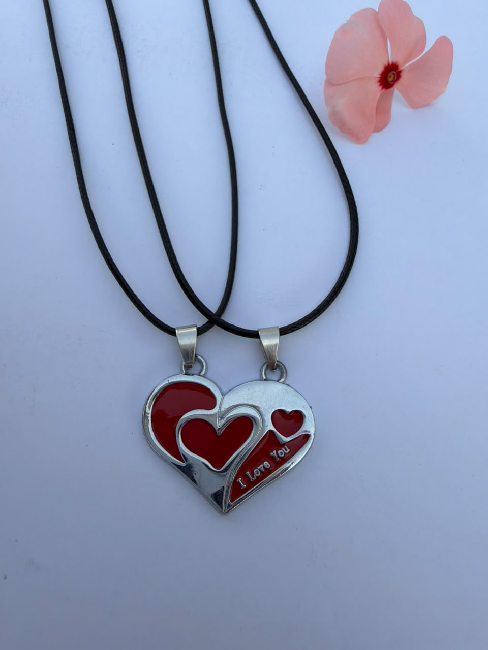 "I Love You" Red Enamel Heart Pendant Necklace with Double Cord Layering