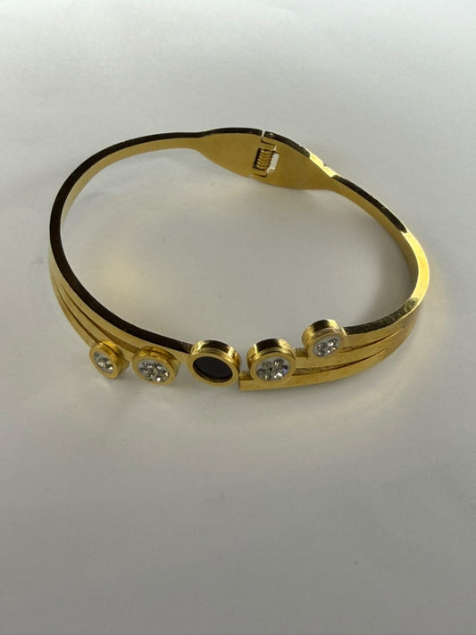 Crystal & Black Circular Accent Open Cuff Bangle