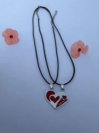 "I Love You" Red Enamel Heart Pendant Necklace with Double Cord Layering